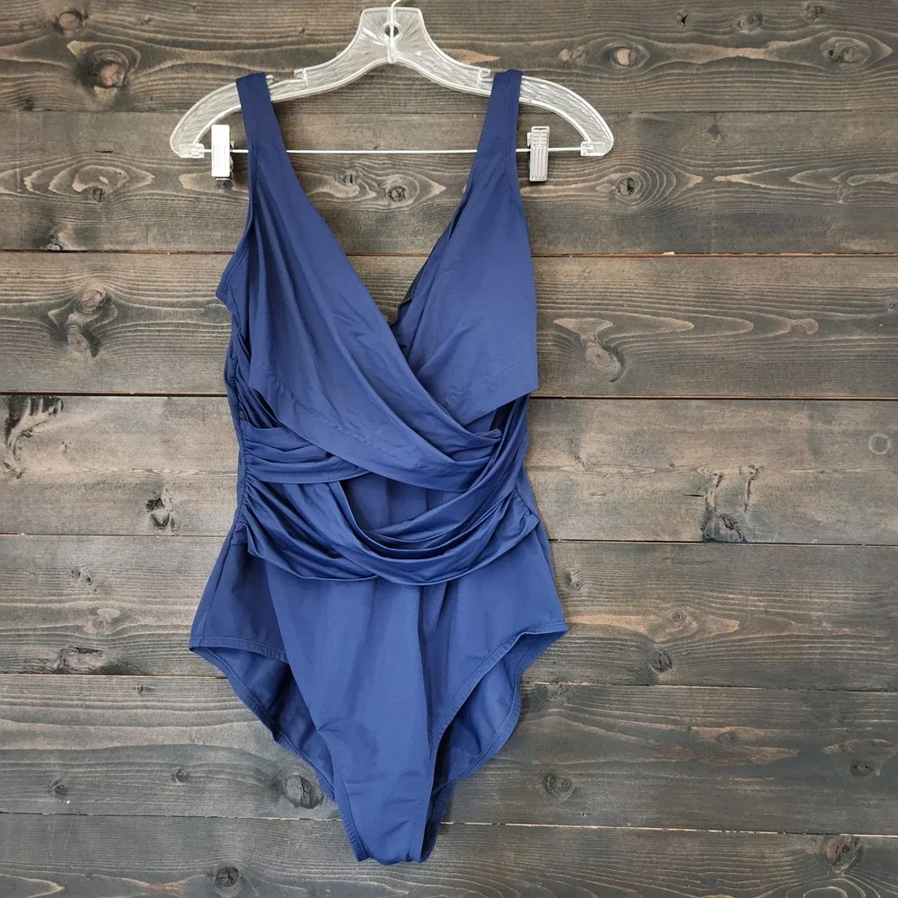Lands End Womens One Piece Swimsuit Size 14 Navy Blue Grecian Wrap
